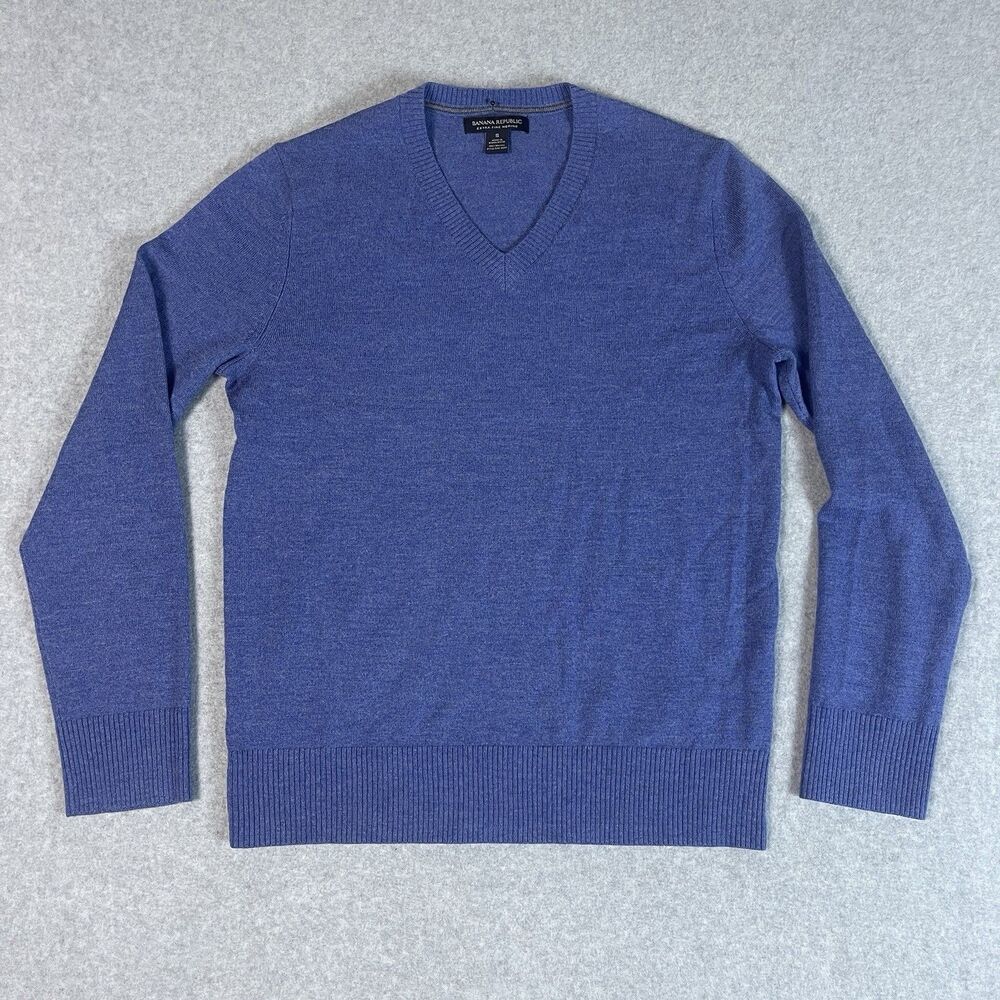 Banana Republic Men's Blue Solid Knit V-Neck Pullover Sweater Long Sleeve